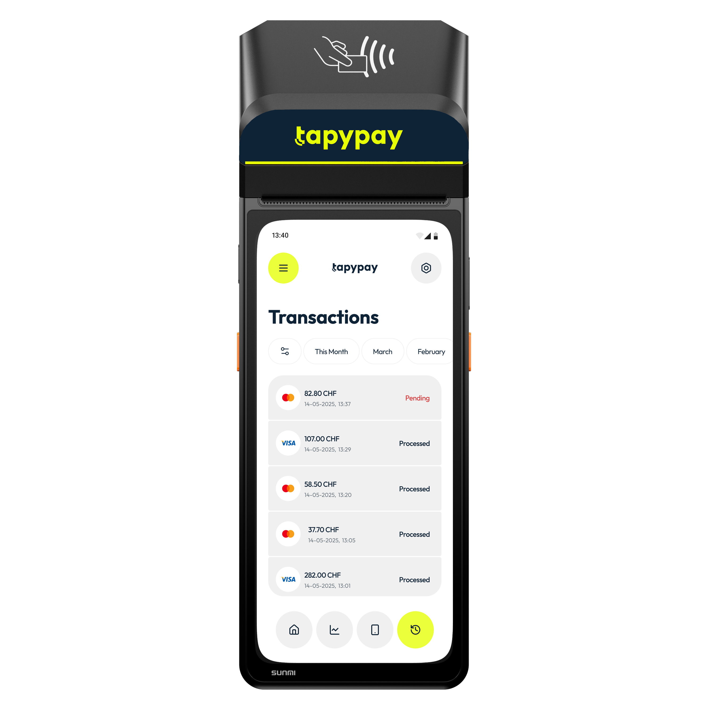 TapyPay all-in-one payment terminal with Sunmi V3H device